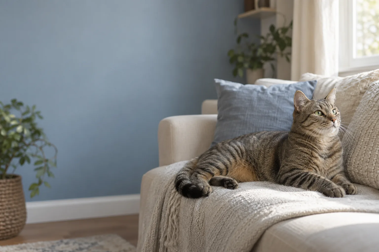 A tabby cat resting on a cream sofa beside a sunlit window