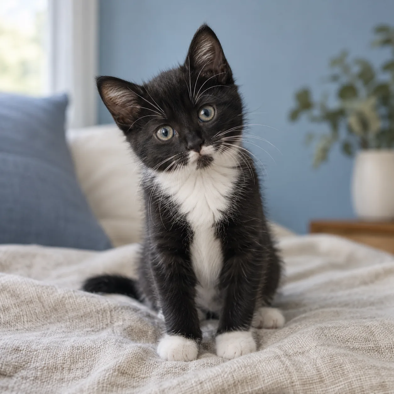 Tuxedo kitten sitting with its head tilted