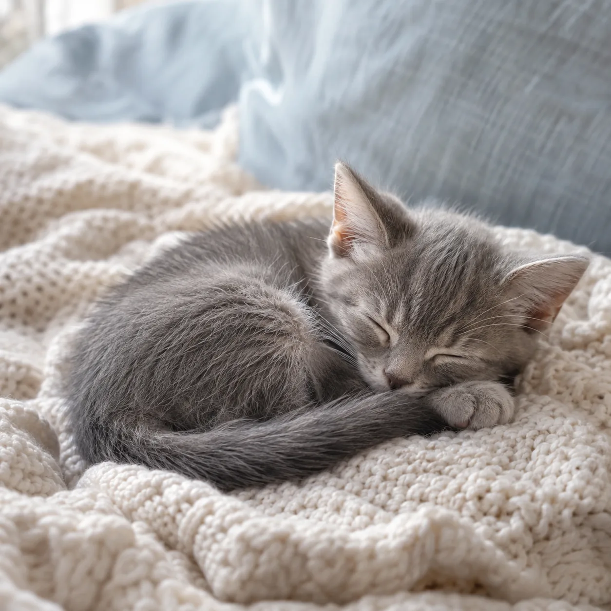 Gray kitten sleeping on a cream knit blanket