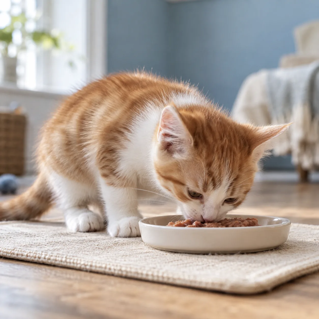 Ginger-and-white kitten eating from a shallow ceramic dish