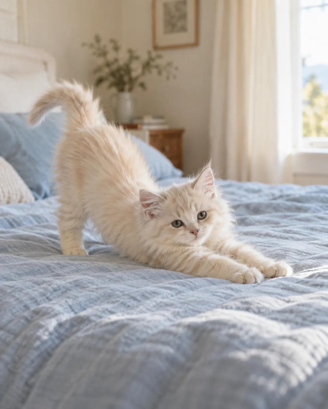 Cream kitten stretching on a pale blue blanket