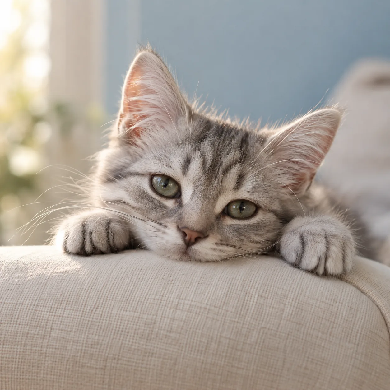 Silver tabby kitten resting its chin between its paws
